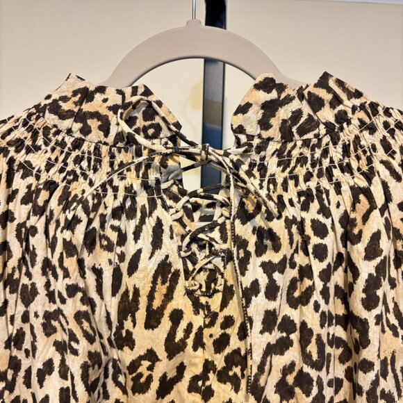 J. Crew Leopard Animal Print Ruffle Neck Smocked Puff Sleeve Dress - Picture 11 of 15